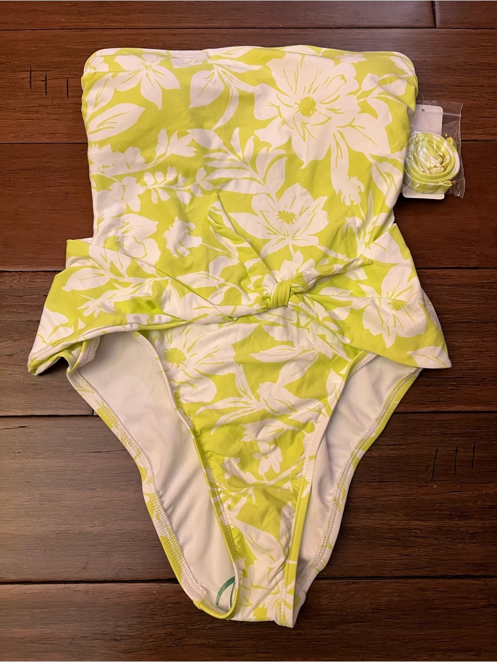 NWT Strapless Lime Green Floral One-Piece Swimsuit S